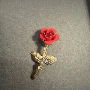 Vintage Brooch Pin Red Rose Gold Tone 1.75 Inch Unsigned